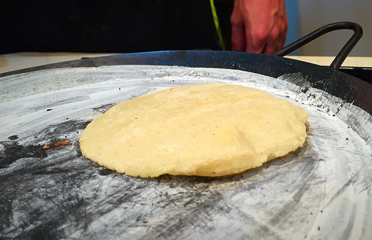 Making corn tortillas at Co.Cos Culinary School, Riviera Maya, Mexico